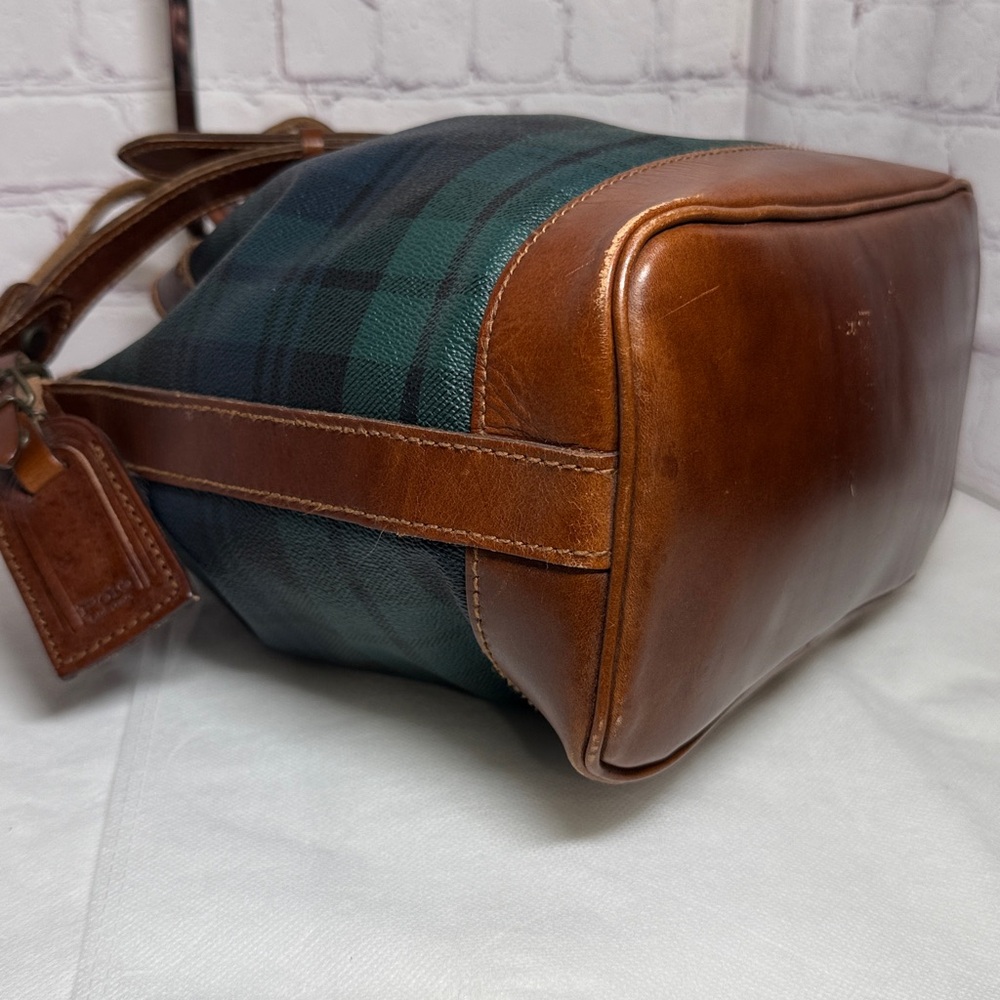 Vintage Polo Rally Lauren Plaid Brown Leather Crossbody Bucket Bag w/Luggage Tag - Picture 9 of 15
